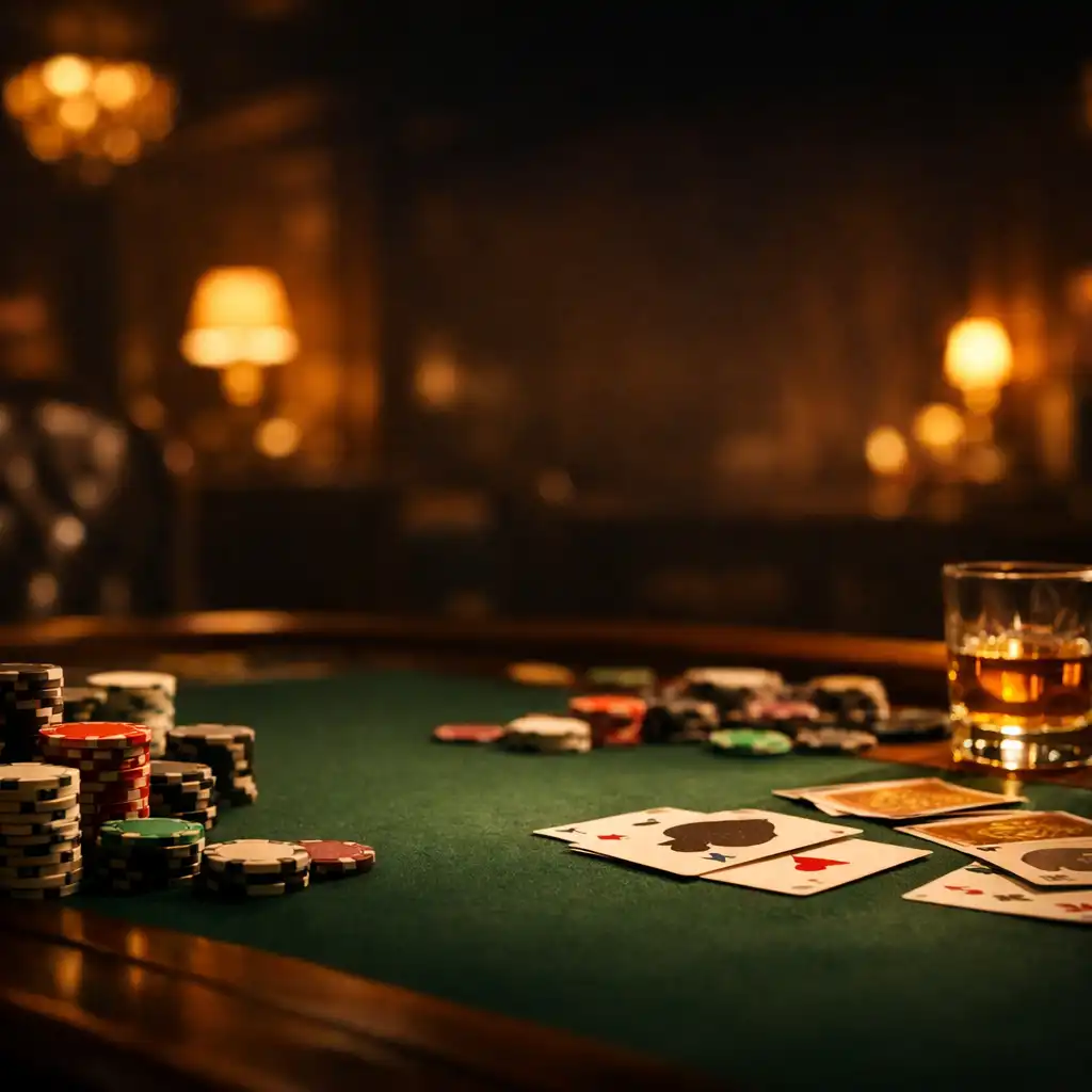 Atmosférický pokerový salonek Ceskes Tolovani s tmavým stolem, žetony a sklenkou whisky
