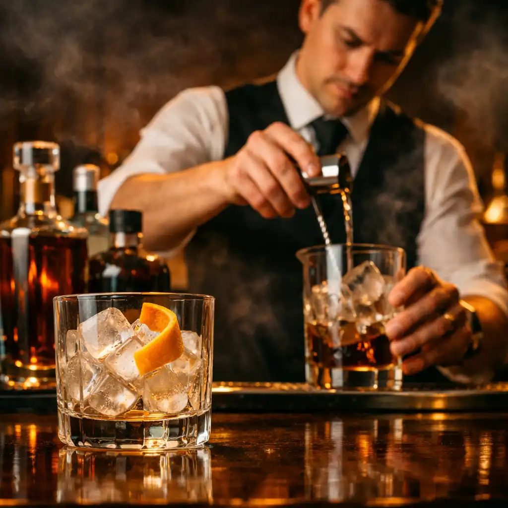 Barman v elegantní vestě připravuje koktejl u tmavého baru