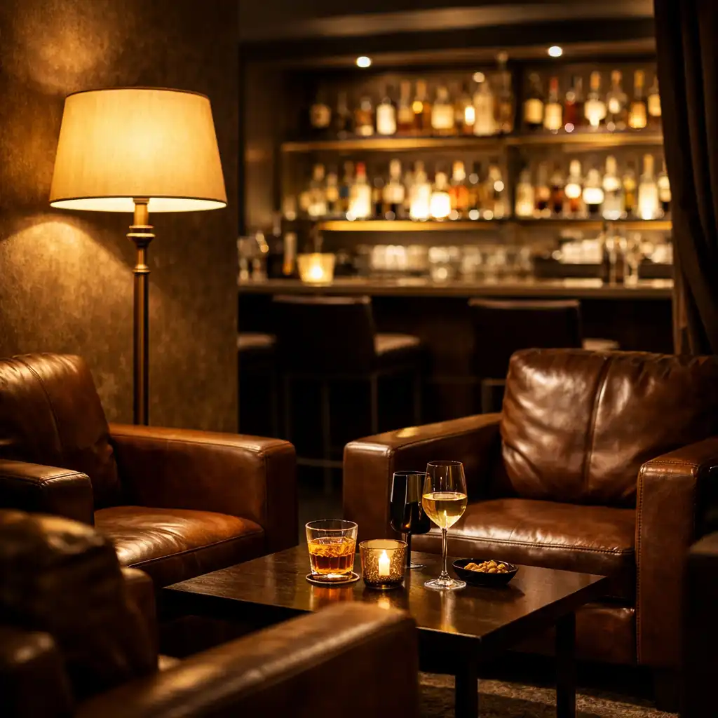 Pohled na lounge sezení ve VIP salonku s koženými křesly a stojací lampou