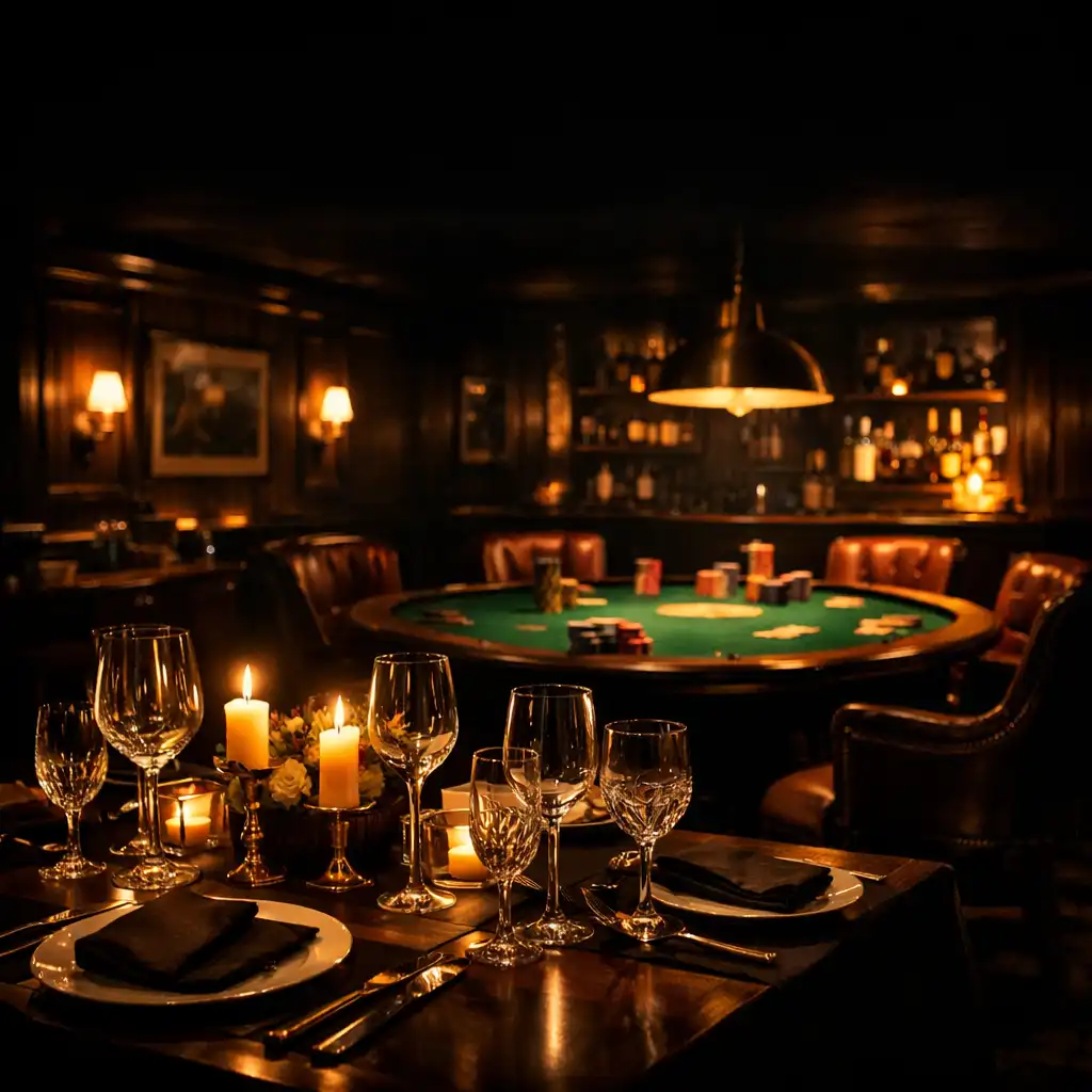 Atmosférický interiér restaurace a pokerového salonku Ceskes Tolovani s elegantně prostřeným stolem a pokerovým stolem v pozadí